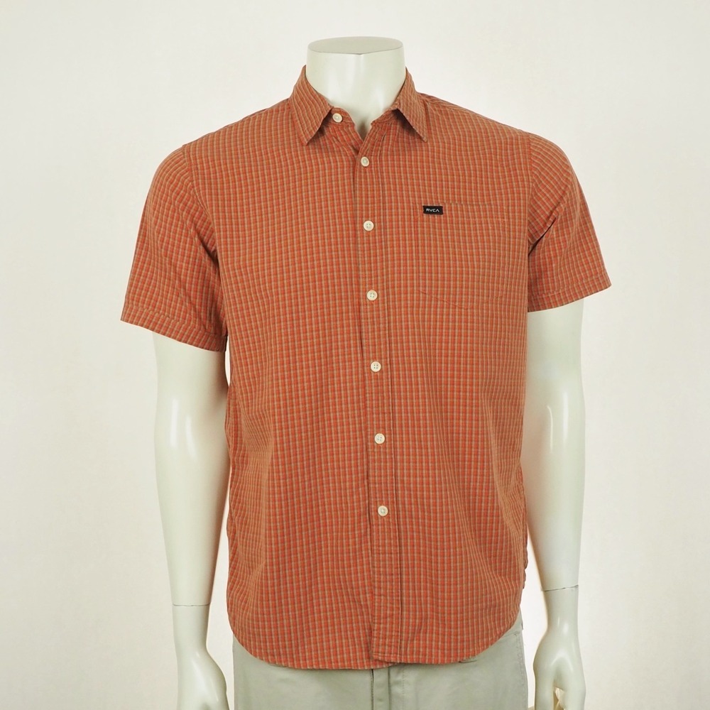 RVCA Button Down Shirt Mens Small Orange Plaid Regular Fit Woven Cotton Blend